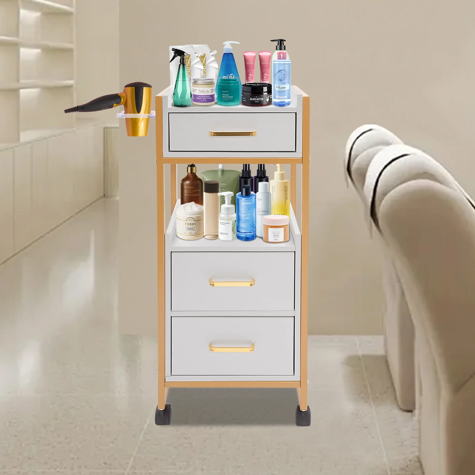 عربة صالون الحلاقة مع 3 أدراج وعجلات، منظم تخزين مستحضرات التجميل لخزانة الأدوات المتنقلة باللون الأبيض الذهبي لمصففي الشعر #6