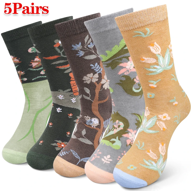 

5pairs Fashion Floral Pattern Mid-tube Socks Women Vintage Artistic Breathable Stockings Sports All-match Trend Sock All Seasons