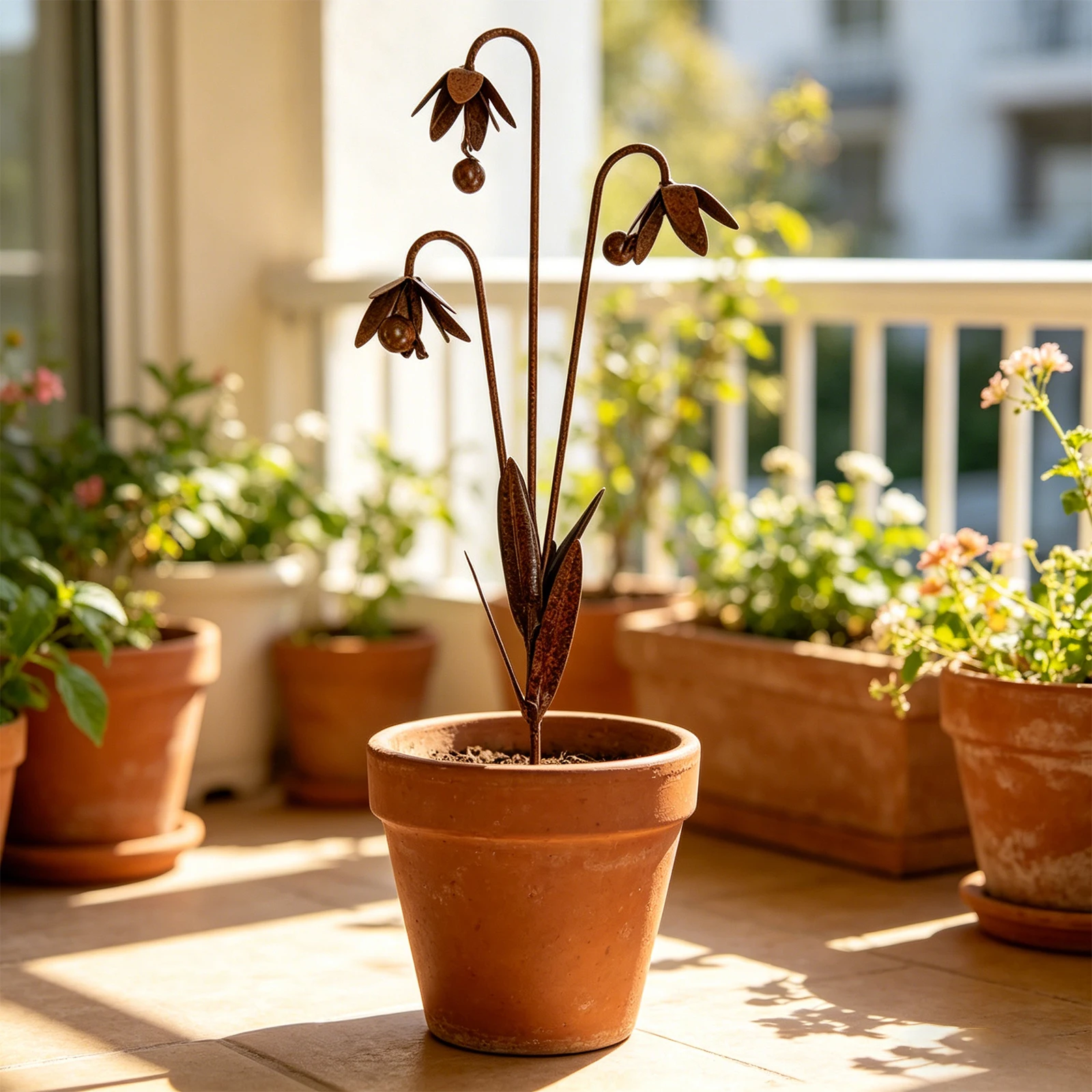 Décoration de jardin en métal en forme de fleur avec clochettes, sculpture végétale artistique en métal, ornement extérieur fait main pour l'art de jardin