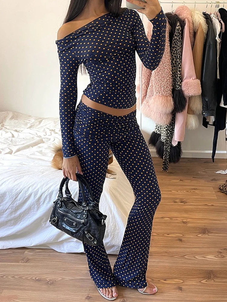 

Absobe Polka Dot Fold Over Pleated Flare Pants Women Crew Long Sleeve Crop Top Low Rise Trousers Slim Outfit Hottie Streetwear