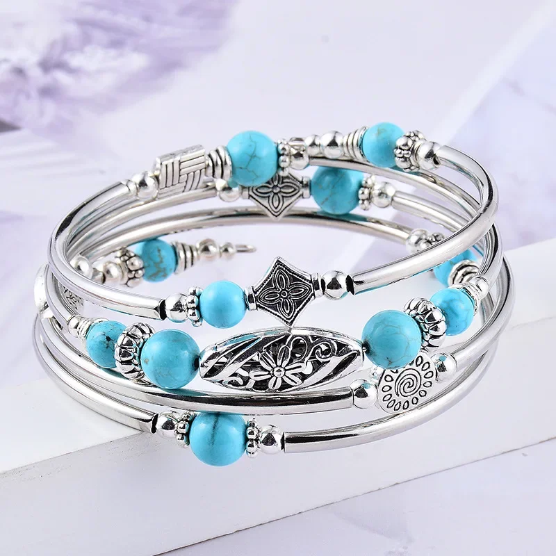 2023 New Natural Turquoise/Tigereye Winding Bracelet Multi-Circle Layered Natural Stone Beaded Bracelets for Women Girls Jewelry