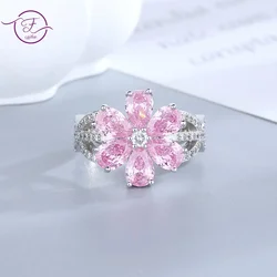 Pink Flower Sparkling Zircon Engagement Wedding Ring 18K Gold Plated White Gold Plated Fine Jewelry For Women