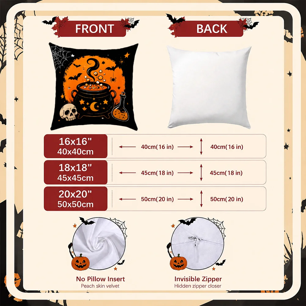 4pcs Retro Orange & Black Pumpkin Cat Witch Hat Cushion Covers Soft Peach Skin Zipper Closure Suitable for Halloween Sofa Decor