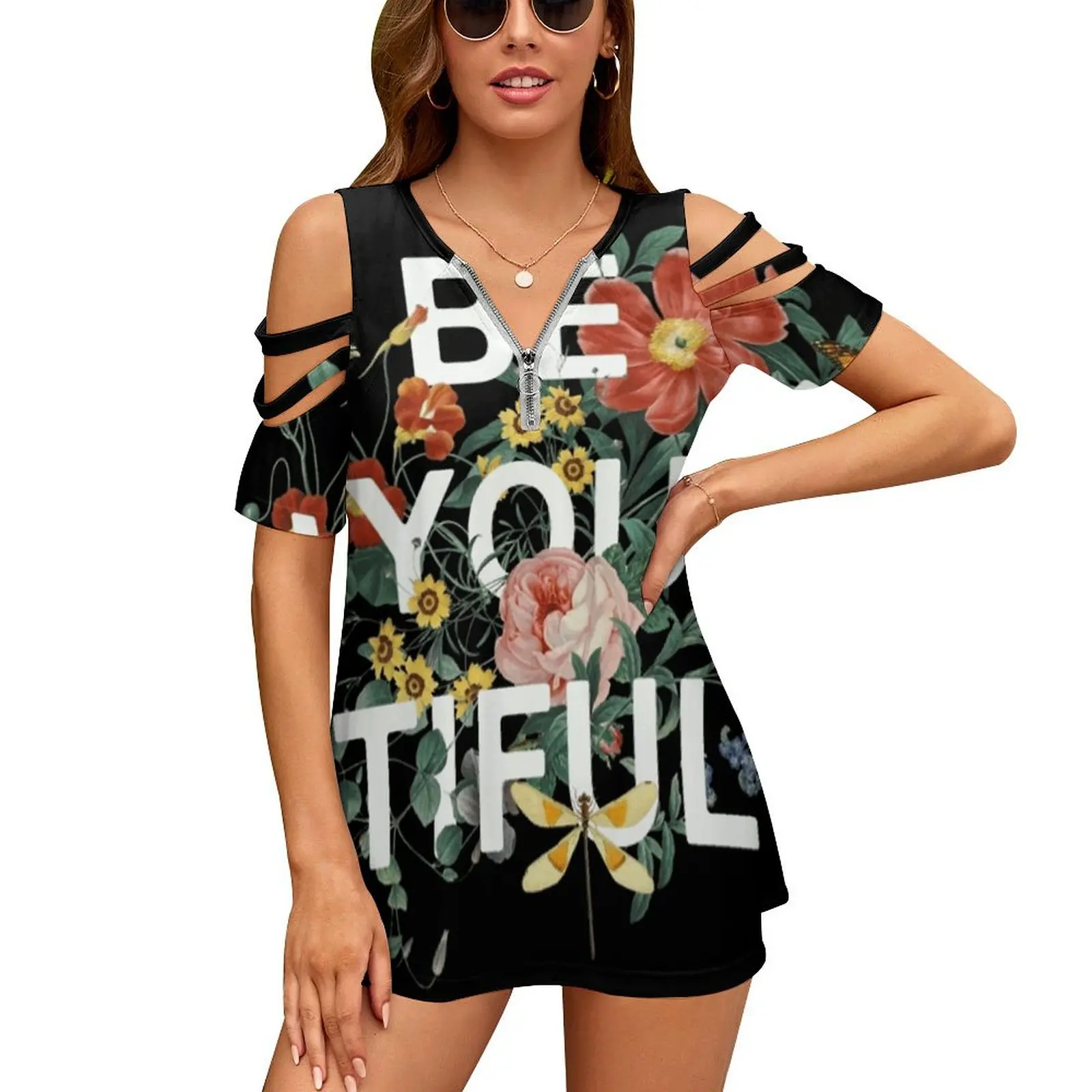 Be You Tiful Women'S T-Shirt Summer Fashion Print Floral V-Neck Zipper Tshirt Hollow Pullover Ladies Top Typography Floral