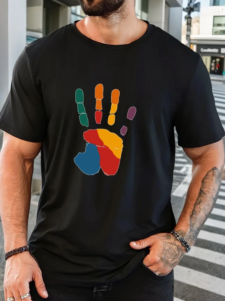 Men Black Crew Neck Tee Color Block Rainbow Handprint Abstract Art Equality Pride Soft Cotton Male Casual Short Sleeve Tops