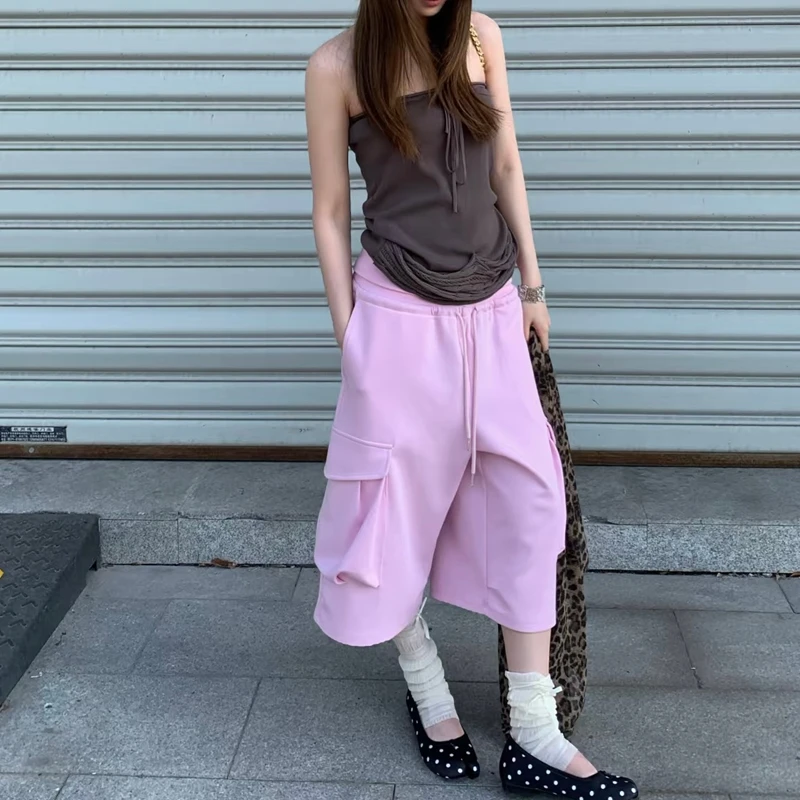 Womens Y2k Wide Leg Cargo Capris Drawstring Elastic Fold Over Waist Baggy Cropped Pants With Utility Pockets Trousers