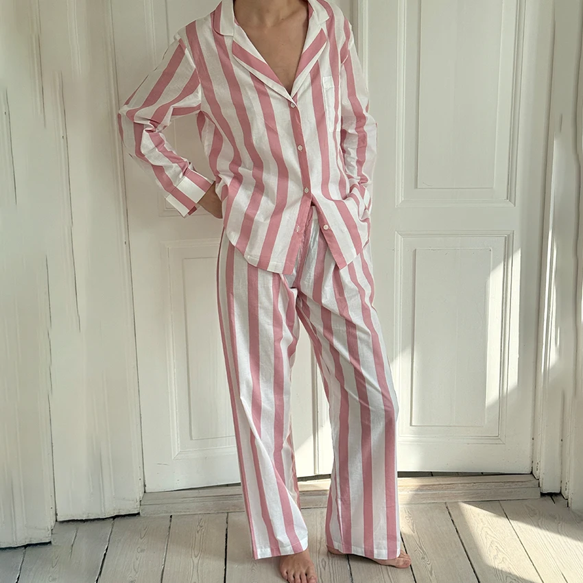 

Hiloc Home Stripe Pants Sets Pajamas Women Casual Long Sleeve Blouse With Elastic Waist Pant 2 Piece Set Vintage Trousers Suit