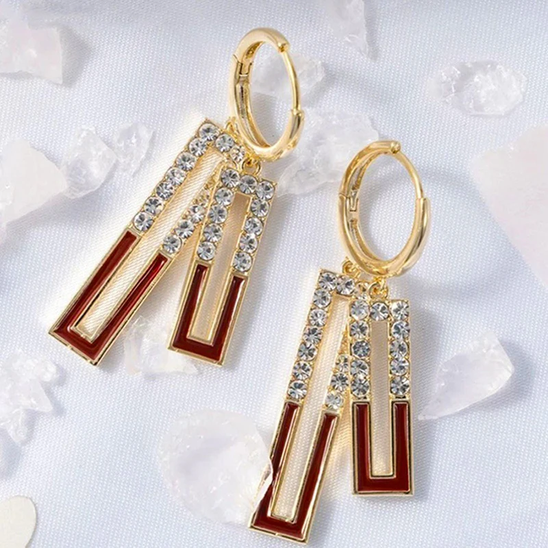 New Fashion White Square Rhinestone Zircon Double Pendant Gold Color Earrings for Women Unique Design Girls Trend Jewelry Gift