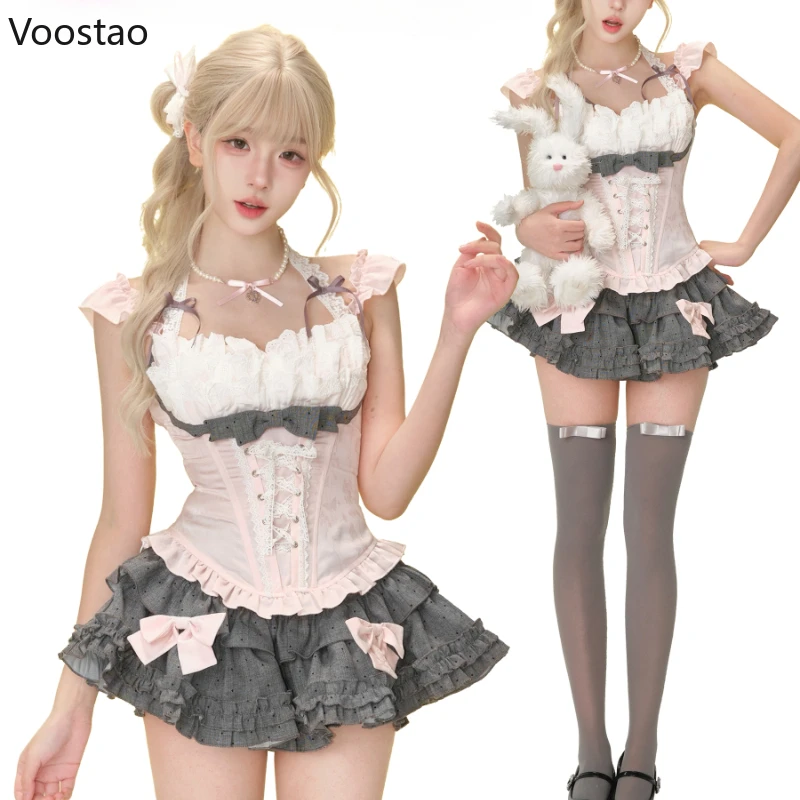 

Японский сладкий женский комплект из 2 предметов в стиле Лолиты Kawaii Y2k с бантом и кружевом в стиле пэчворк, тонкие топы, мини-юбки с тортом, Harajuku, женские винтажные наряды