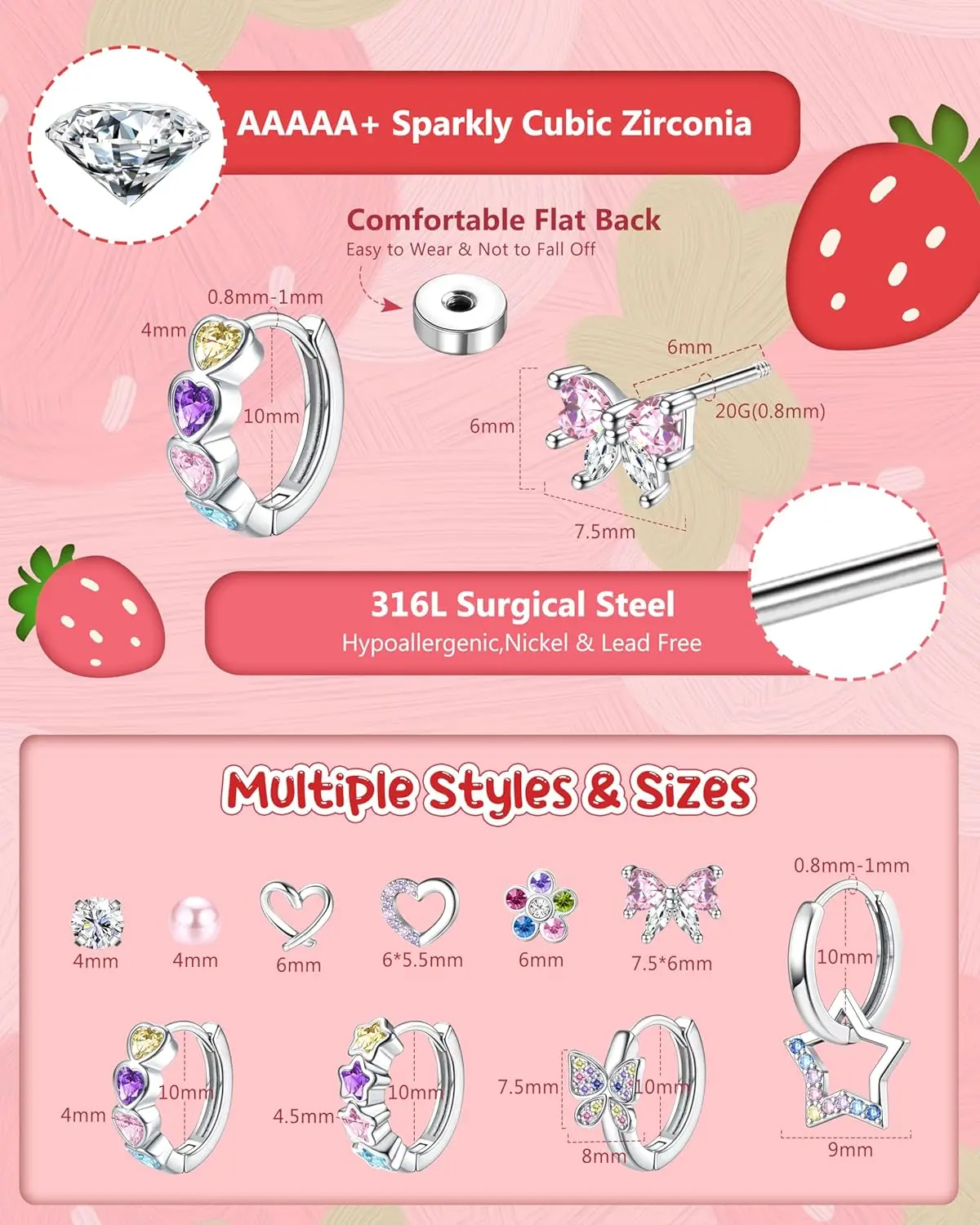Bobisty 1 Pair Hypoallergenic Screw Back Stud Earrings For Women Surgical Steel Hoop CZ Butterfly Star Dangle Earrings Set 20G