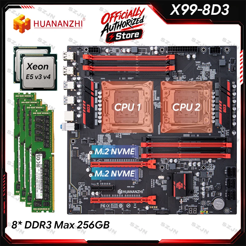 HUANANZHI X99-8D3 Motherboard Kit LGA2011-3 Xeon E5 V3 V4 CPU DDR3 ECC RAM 32GB 64GB 256GB M.2 NVMe PCIe x16 DIY Combo Mainboard