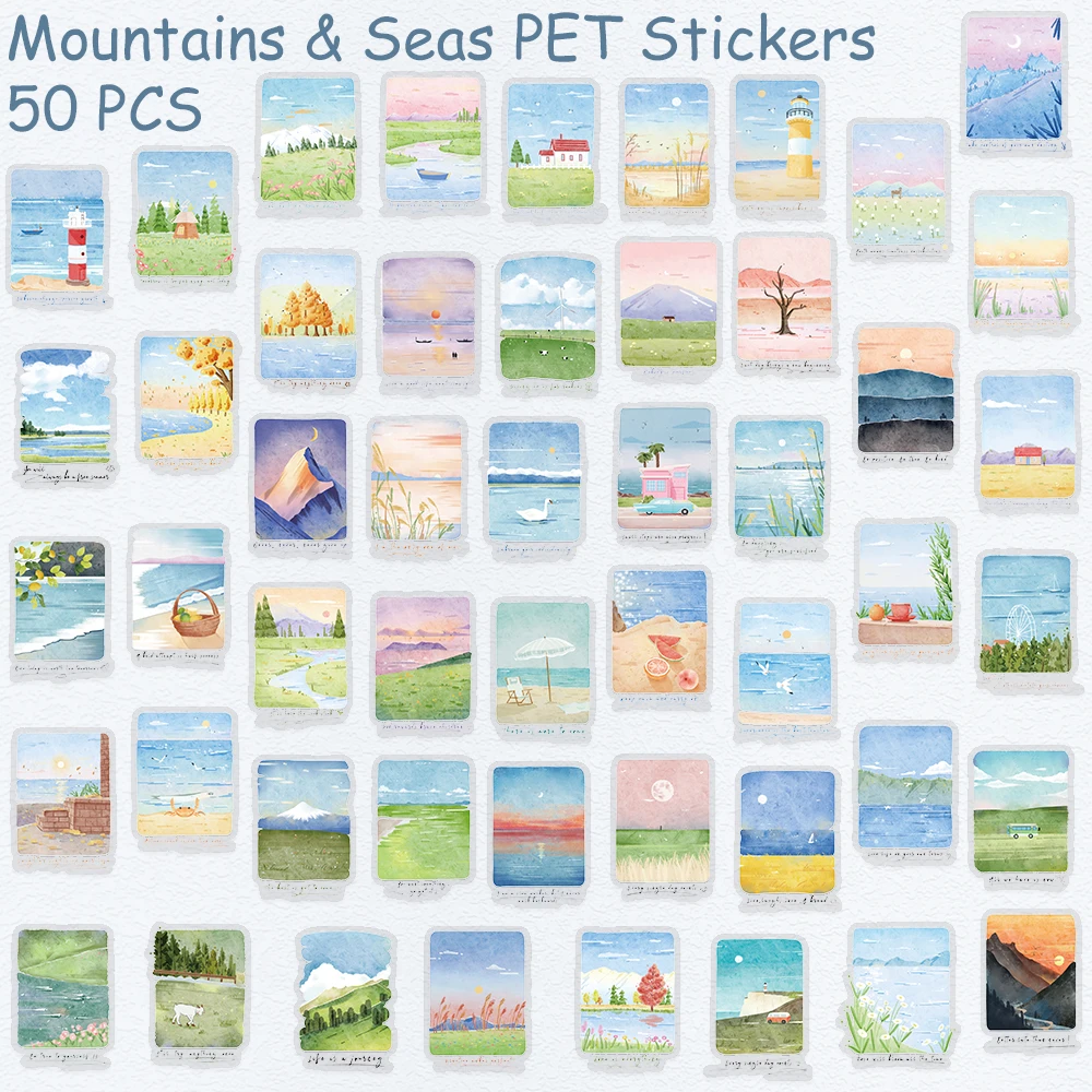 50 Stück Berge & Meere PET-Aufkleber für Laptop, Kühlschrank, Sammelalbum, DIY, ästhetische transparente Aufkleber, kreative Geschenke – Detail 2