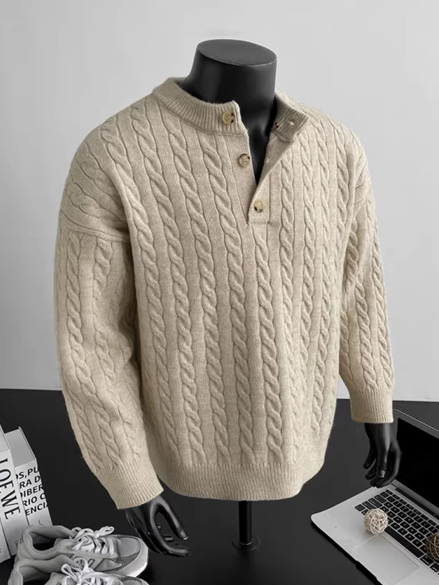 

Retro American Knitted Sweater Men's Autumn Winter Lazy Sle Heavy Base Loose Casual Knitwear Henry Collar Long Sve Top