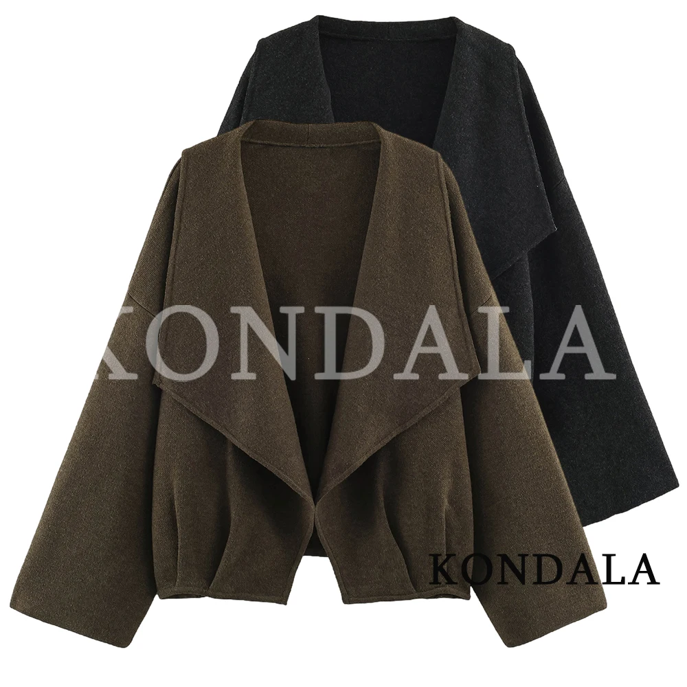 KONDALA Women Fall Casual Knitted Open Front Jacket Elegant Chic Lapel Cardigan 2026 Autumn Trendy Simple Versatile Sweater Coat