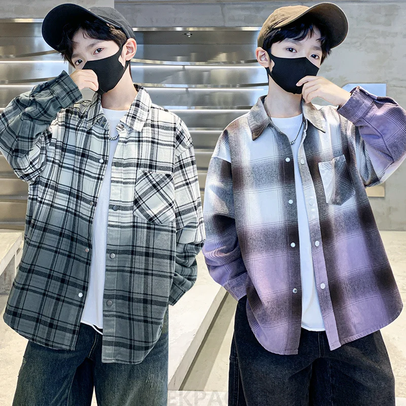 

Korean Children Gradient Long Sleeve Plaid Shirt for Boy Fashion Spring Autumn Blouse New Kids Designer Casual Cotton Clothing