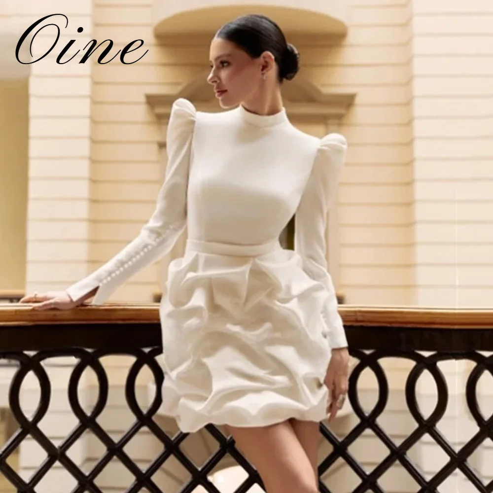 Oine Mini Wedding Dresses Customized High Neck Full Sleeves Pearls Ruffles Skirt Short Civil Bridal Gown Dubai Marriage Dress
