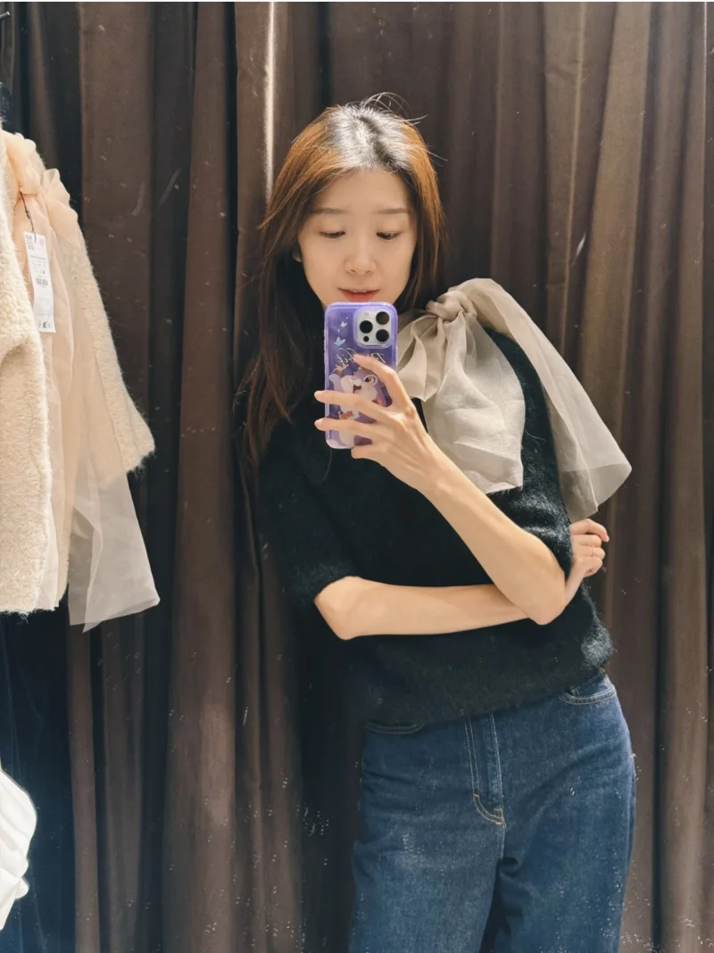 ETJ 2024 automne/hiver nouveau haut tricoté à manches courtes pour femmes, élégant, mode, nœud en organza décoré 2756127