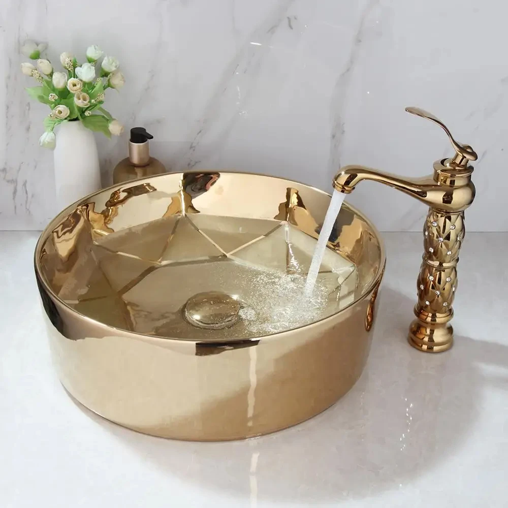 

Luxury style gold-plated ceramic circular bathroom combination faucet set with drain outlet GN456TB