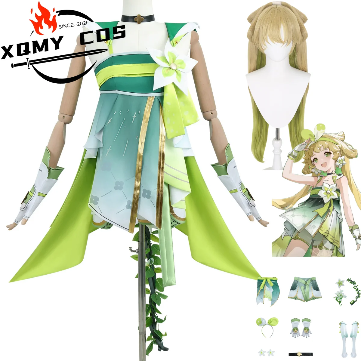 

XqGame Wuthering Waves Verina Cosplay Costume Chinese Style Green Dress Uniform Full Set Wig Woman Sexy Kawaii Christmas Suit