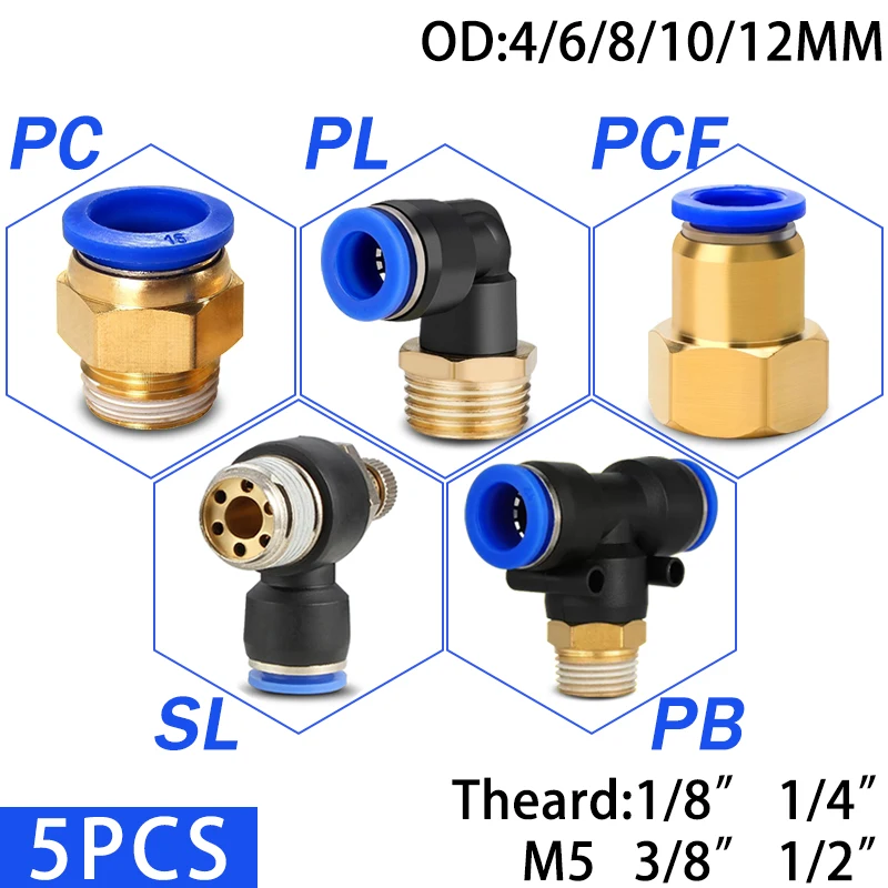 Pneumatic Air Connector Fitting PC/PCF/SL/PB/PL 4mm 6mm8mm 10mm 12mm Thread M5 3/4