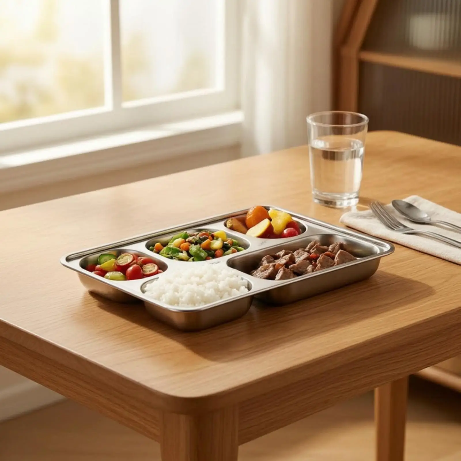 Stainless Steel Portion Control Tray 5 Section Food Serving Platter with Rims for School Lunch Outdoor Adventure and Home Use