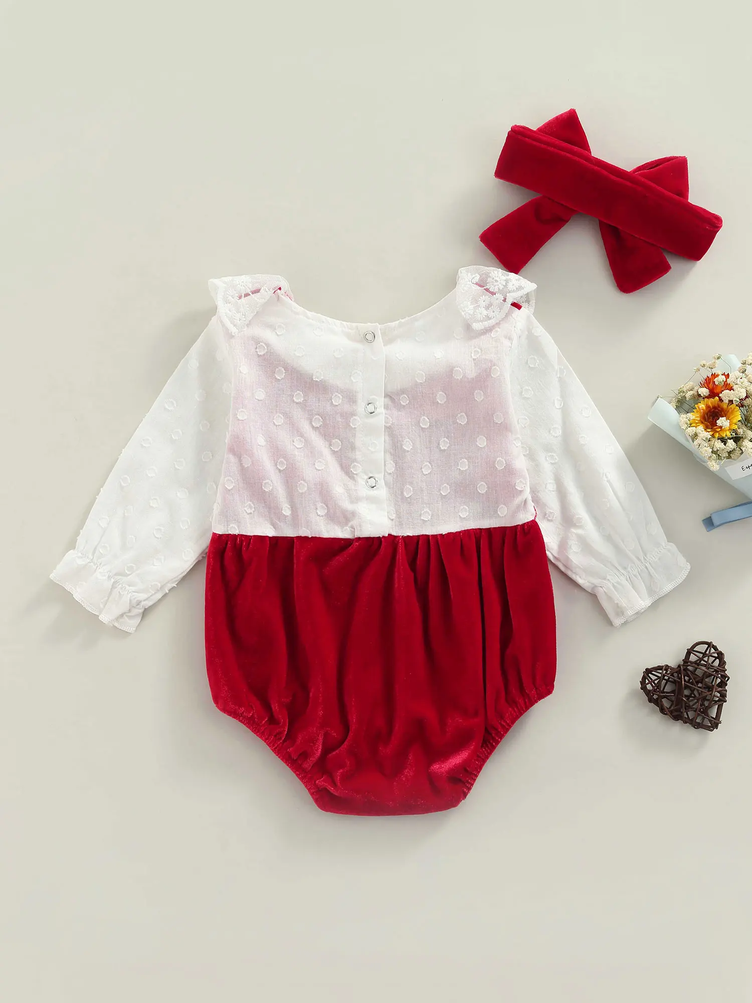 Newborn Baby Girls Romper Clothes Set Toddler Infant Wine Red Long Sleeve Lace Jumpsuits and Headdress Velvet Outfit