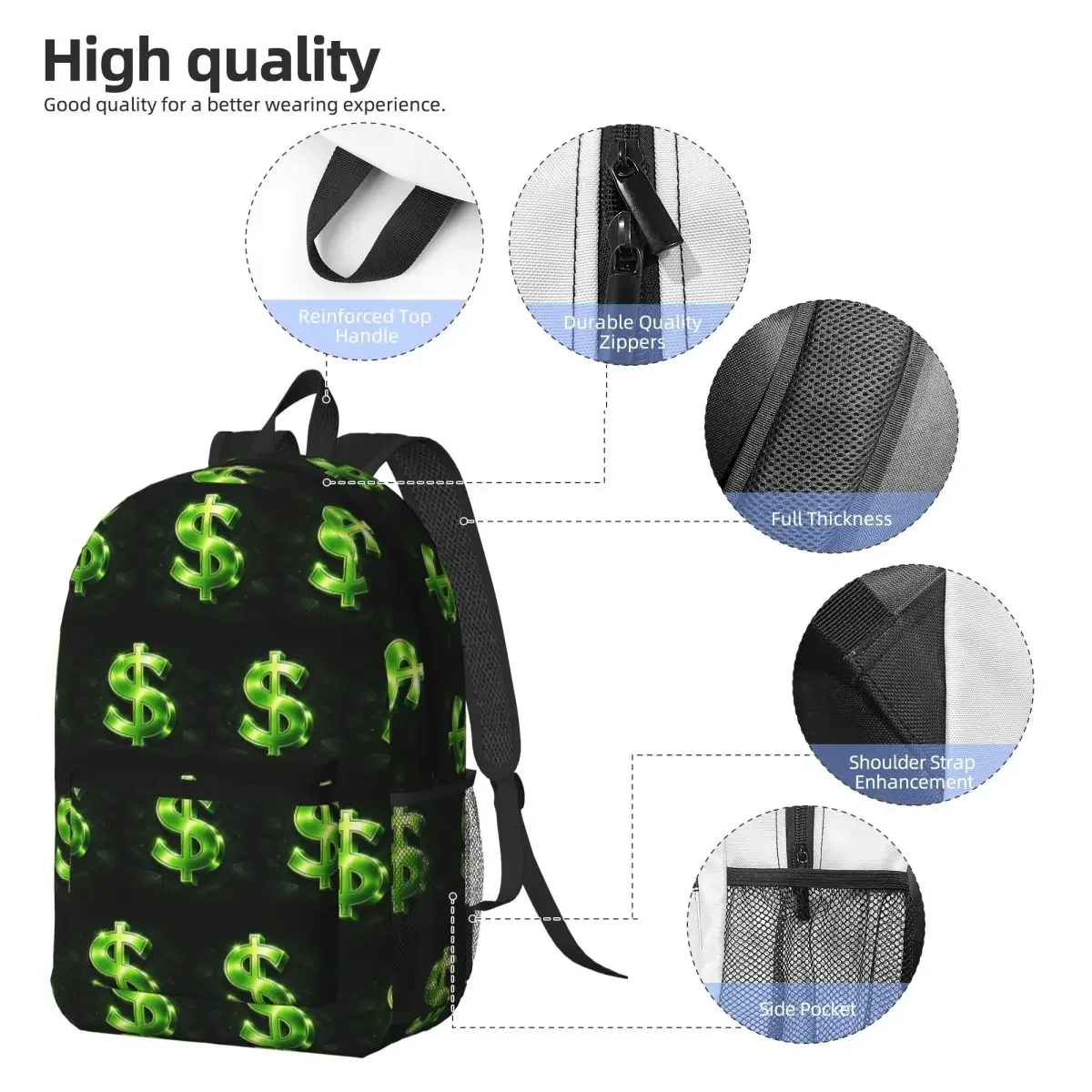 Green Fluorescent Dollar Sign Pattern Backpack Daypack Large Capacity Kids BookBag School Bag Shoulder Bags for Men Women