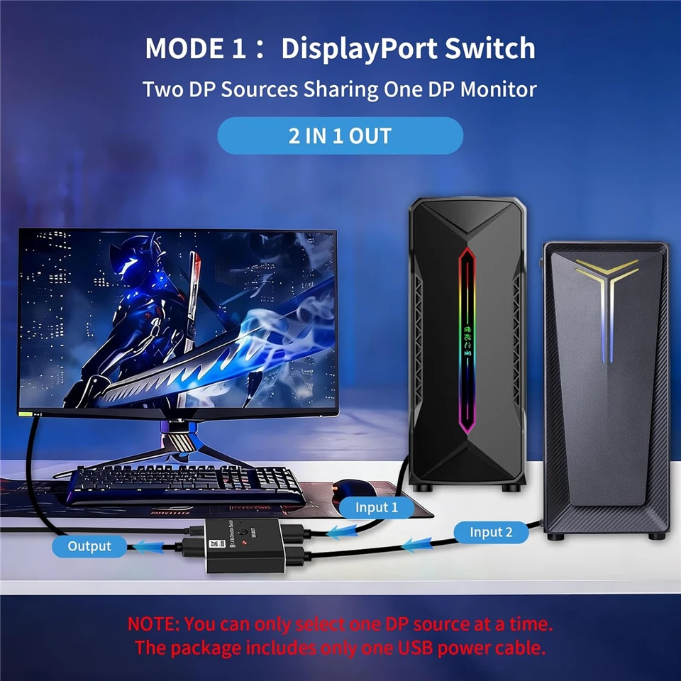 Navceker 8K DisplayPort Switch 2 in 1 out 4K 120Hz DisplayPort 1.4 Splitter with IR Remote DP Switcher 2X1 for PC Laptop Monitor