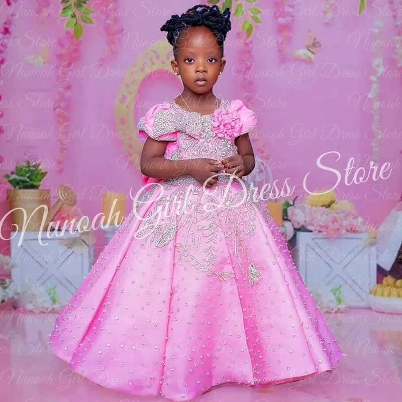 

Pink Flower Girl Dresses for Wedding with Bow Crystal Lace Appliques Gown for Photoshoot First Communion Gowns Customized
