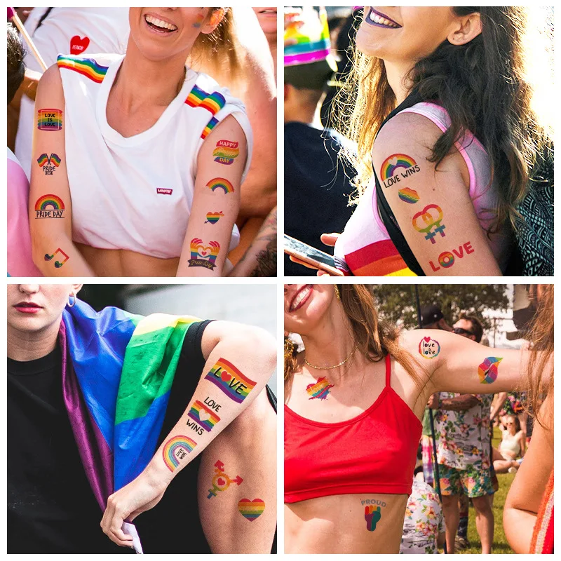 10pcs/set Pride Day Colored Translation Temporary Tattoo Stickers No Repeat Waterproof LGBT Rainbow Disposable Body Art Makeup