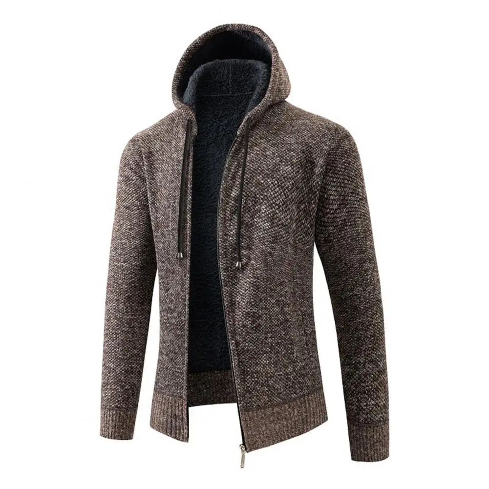 

Winter Knit Jacket with Pockets Men's Fall Winter Hooded Cardigan Coat with Velvet Lining Ribbed Cuffs Zipper Closure for Cold