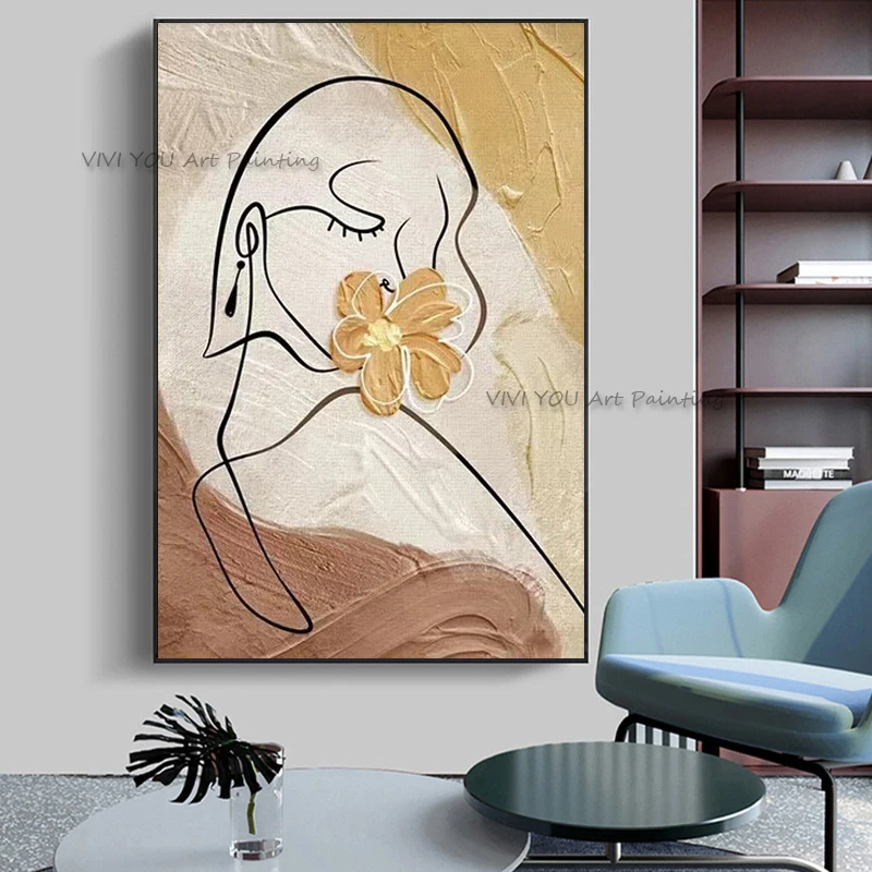 Handpainted Abstract Golden White Woman Face Canvas Oil Painting Wall Art Poster Simply Portrait Mural Living Room Decoration