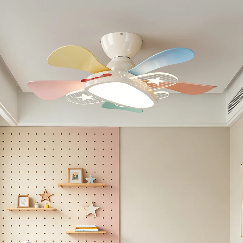 Memphis Style Macaron Color Crown Design Silent Variable Speed Integrated Ceiling Fans Light For Girl's Bedroom Children's Room