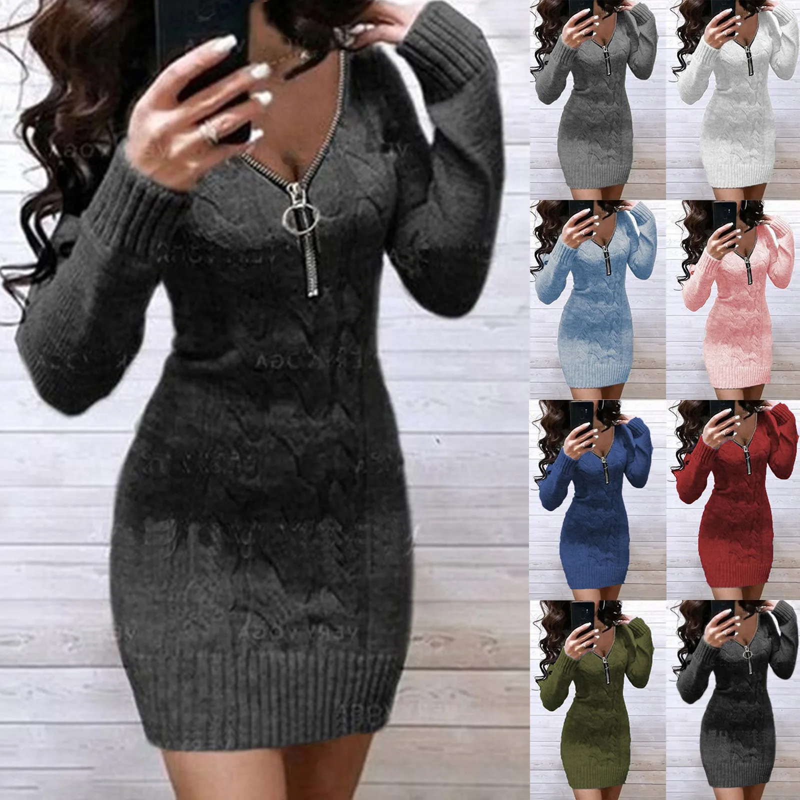 New Knitted Dress Women sweater new fashion autumn winter warm zipper v-neck Twists print long Dresses Casual Vestidos