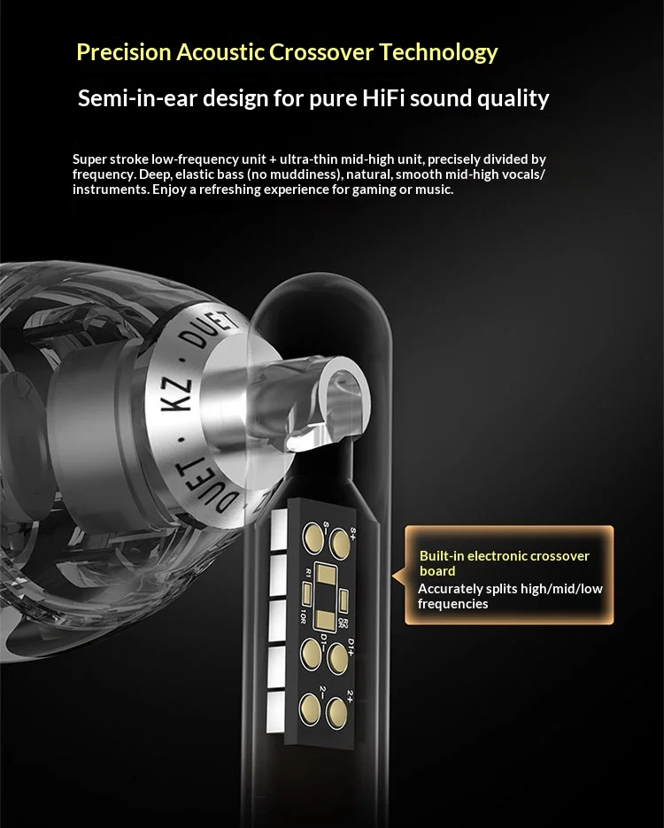 KZ KZ Duet Ohrhörer Hifi Bass Earbud Quad Core Dual Dynamic Driver HD Dual Mic Abnehmbares Kabelgebundenes Headset für Musik und Gaming – Detail 7