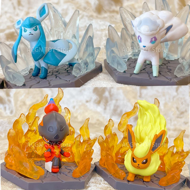 Original TOMY Pokemon Figure Ice VS Fire Effects Twisted Egg Charcadet Flareon Alolan Vulpix Glaceon Action PVC Toys