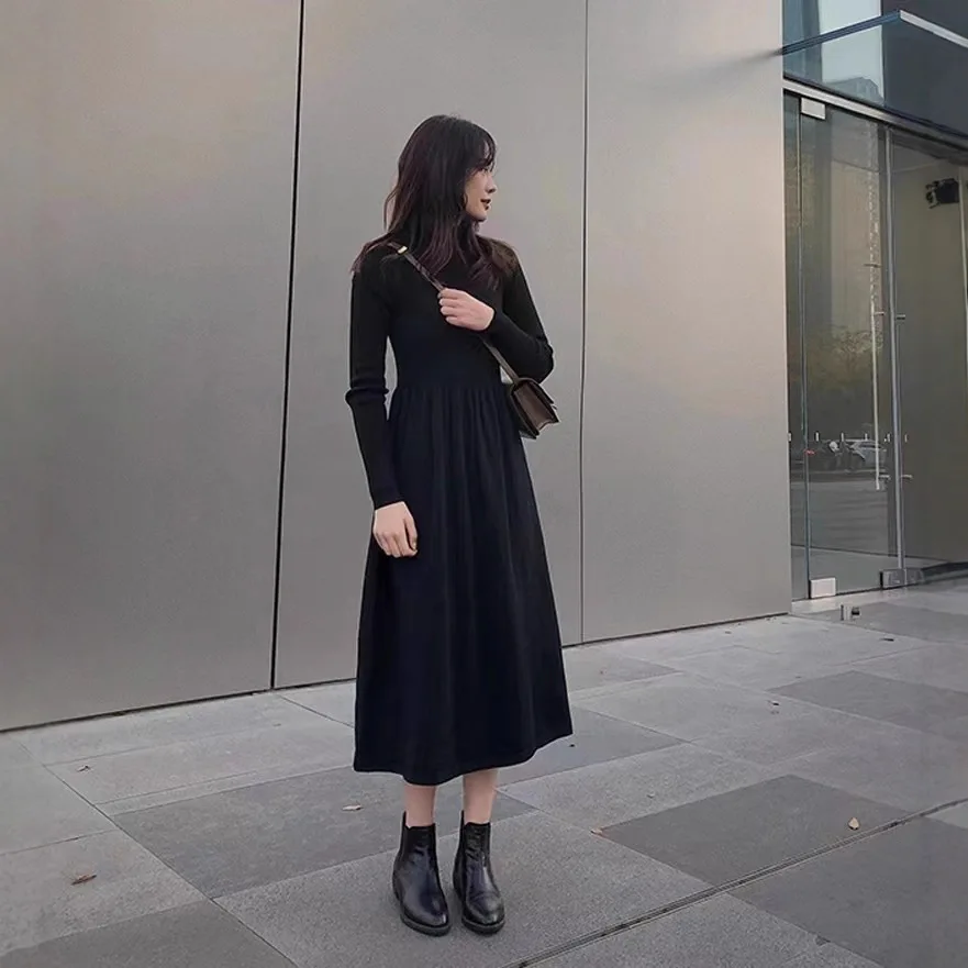 Francês preto malha camisola vestido novo cabido gola alta ruched emendado a linha vestido feminino versátil na moda camadas peça outono