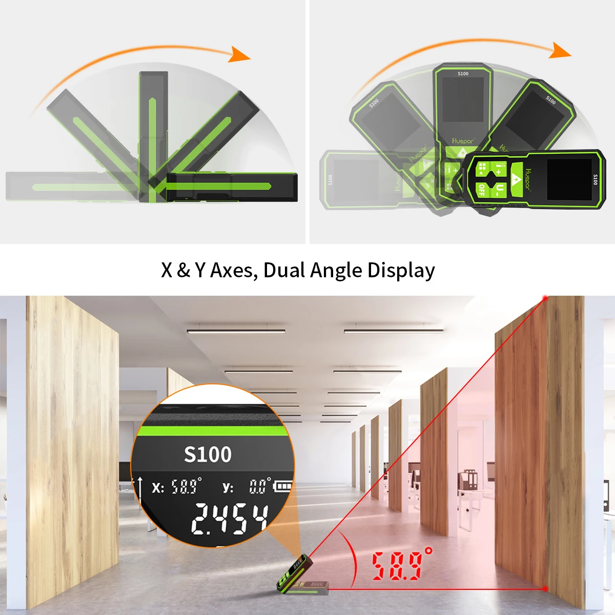 Huepar Laser Distance Digital Rangefinder 328Ft/100M LCD Electronic Dual Angle Tools with Area And Volume Measurement Function