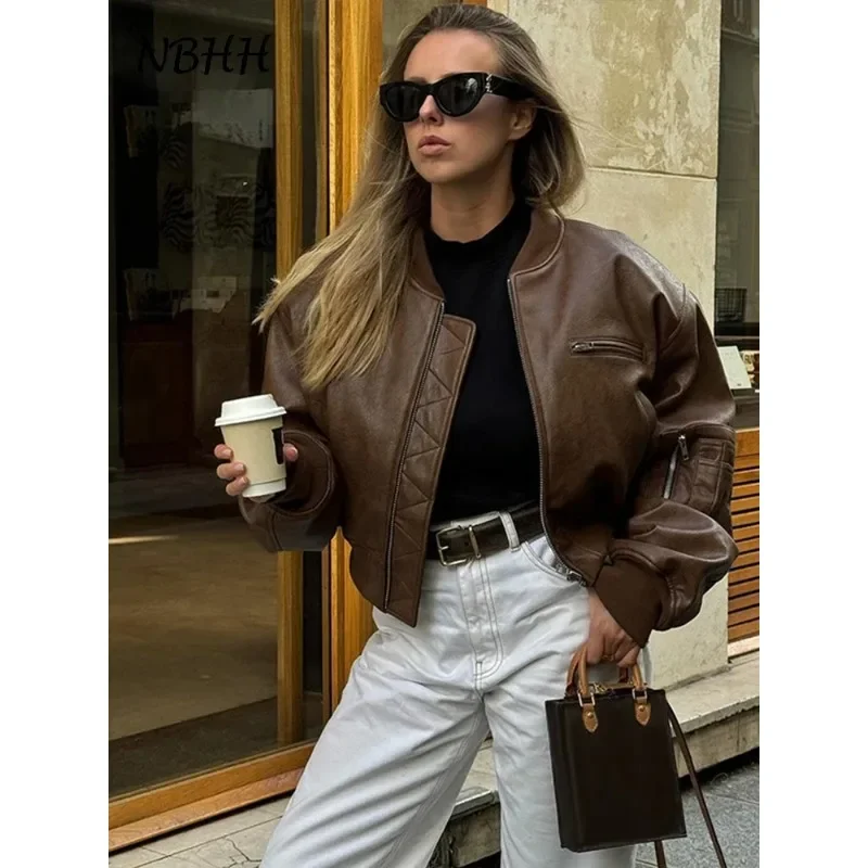 

Vintage Imitation Leather Bomber Jacket Women O-neck Zipper Pockets Loose Short Coat Autumn Lady High Street Outwear