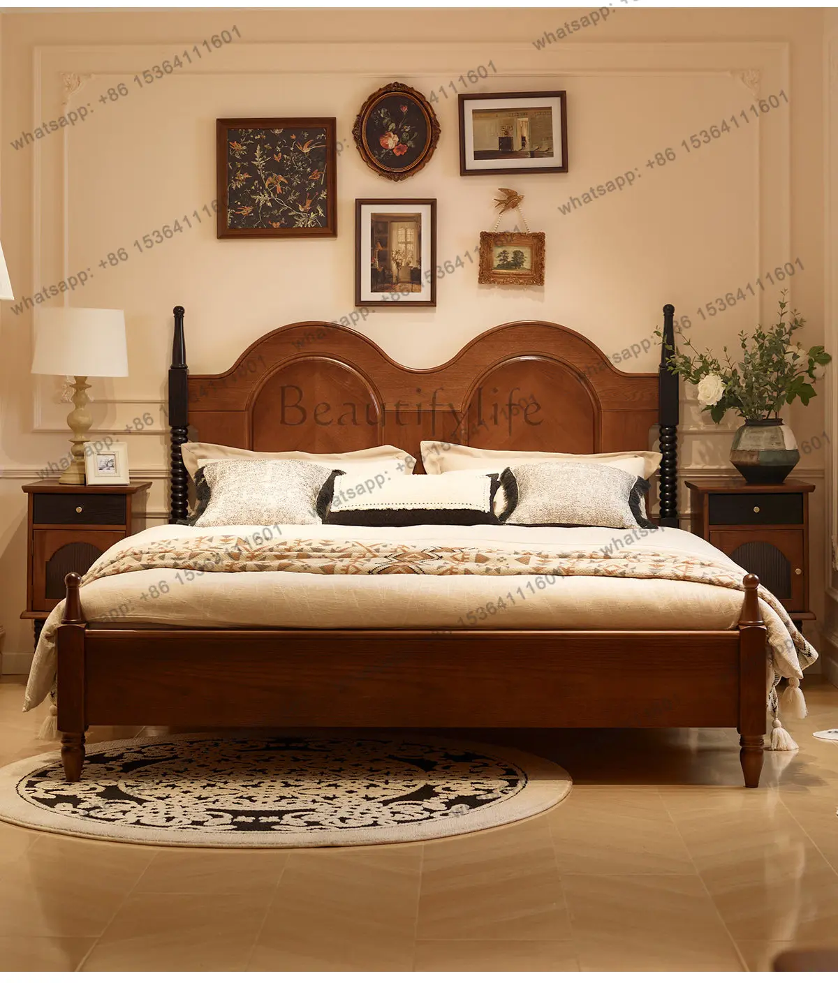 

French retro solid wood home double bed American simple modern medium and ancient bed