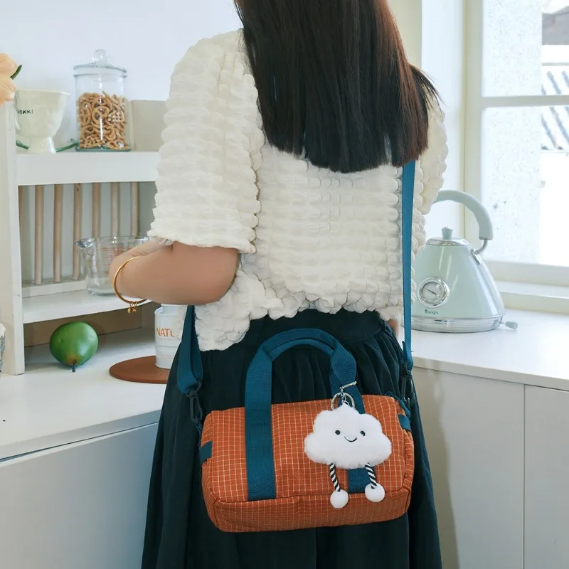 

New Women Microfiber Plaid Tote Bag Cute Plush Pendant Crossbody Purse Kawaii Bowling Handbag Shoulder Bag