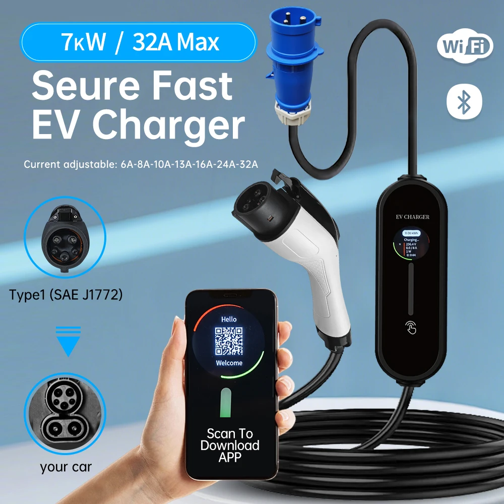 

Type 2 EV Portable Charger 7KW 32A 1Phase Wallbox Type1 GBT EVSE Fast Charging Cable CEE Plug WIFI APP Bluetooth Control