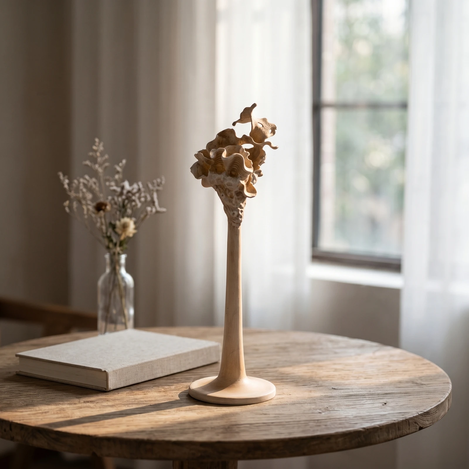 Candlestick with Round Base Wood-Toned Sculptural Candle Holder Candlesticks Beige Minimalist for Decorators, Tabletop, Tea Room