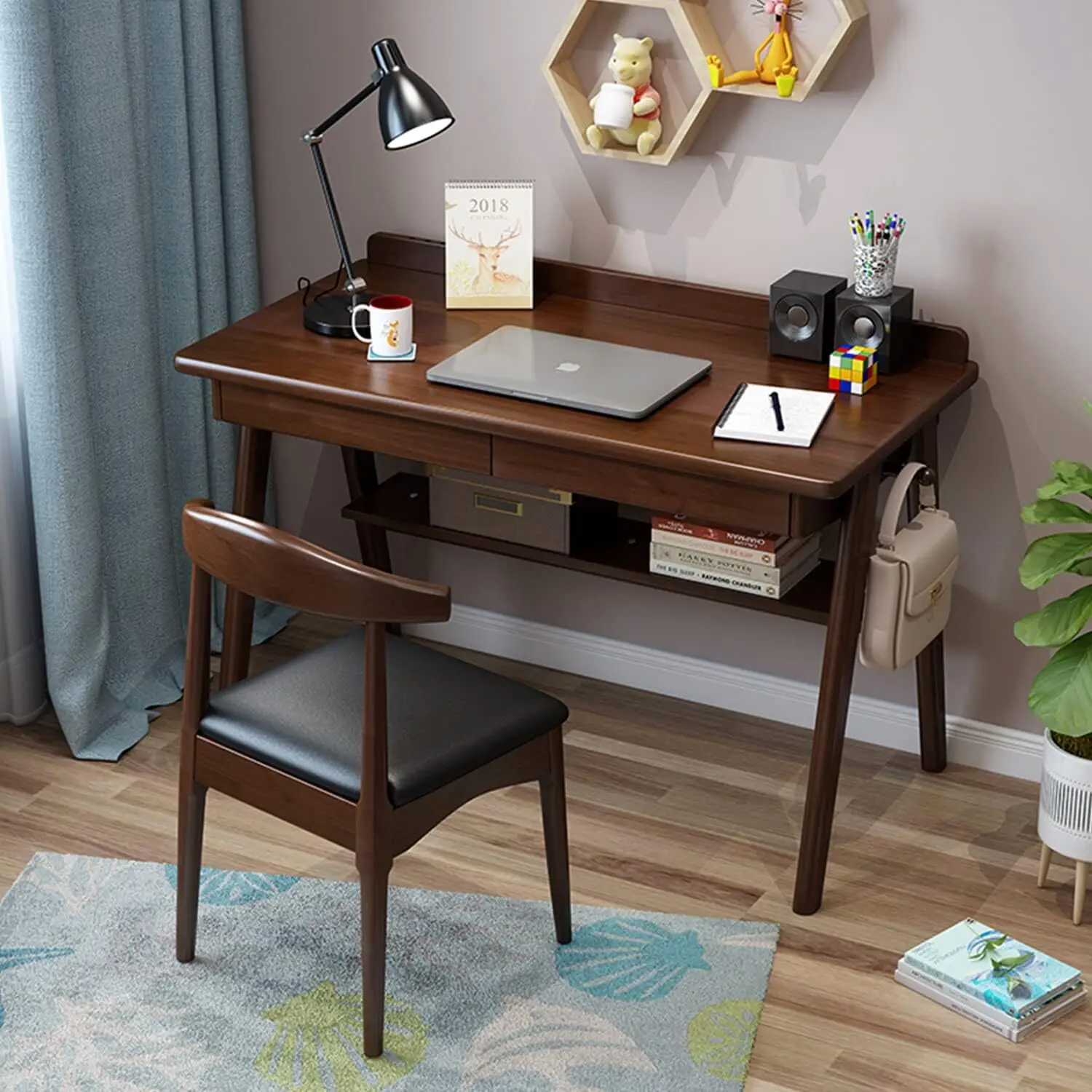 Solid Wood Writing Desk, Home Office Computer Desk with 2 Drawers and Storage Shelf, Laptop