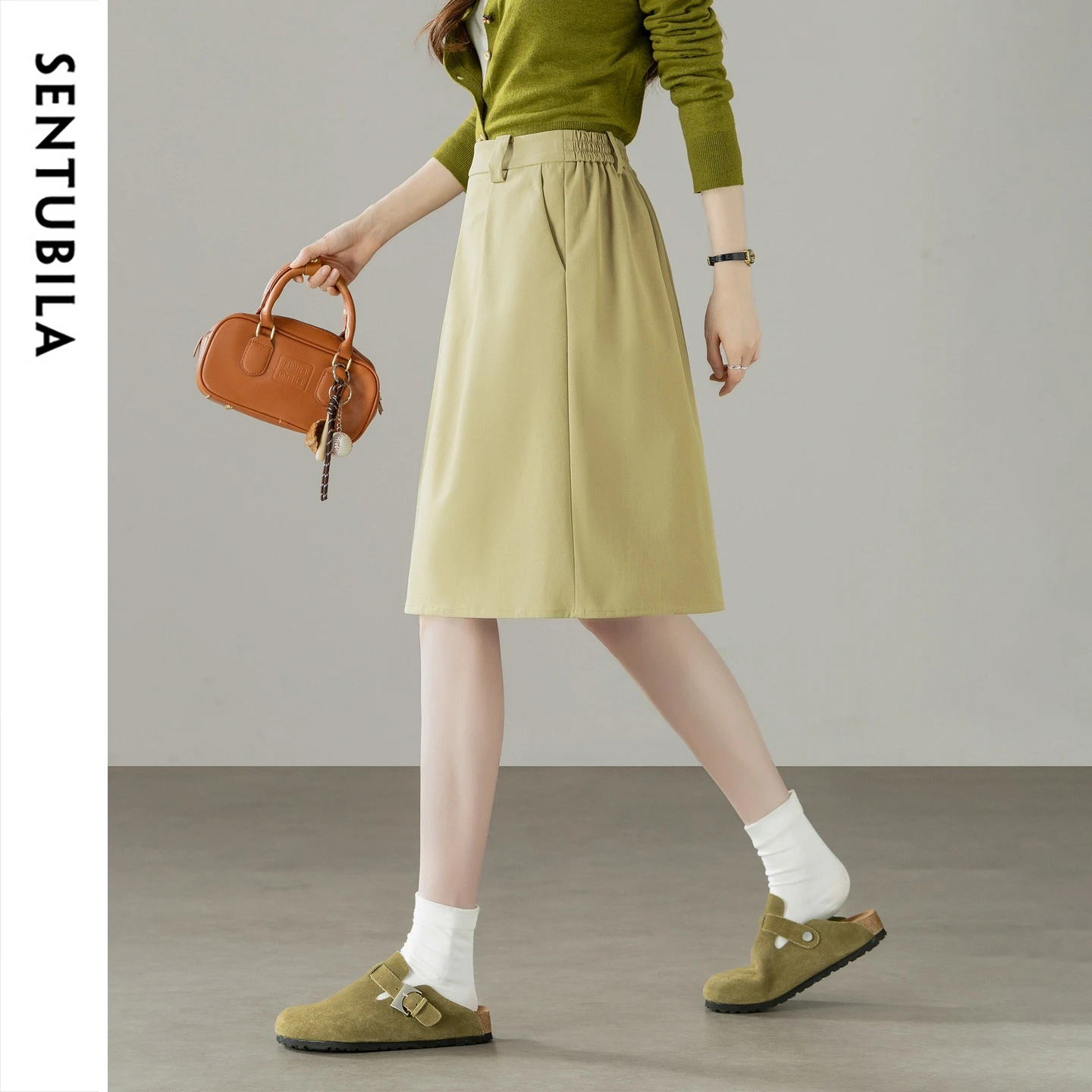 SENTUBILA Pleated A‑Line Midi Skirt Women's Autumn New Mid Waist Slim Fit Office Commuter Skirt for Petite Women 163QA8160