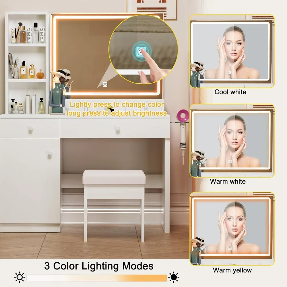 مكتب مكياج مع مرآة وأضواء LED، مكتب مكياج مع أضواء 3 ألوان، مكياج مع 5 أدراج و3 أرفف، Vanity Ta #3