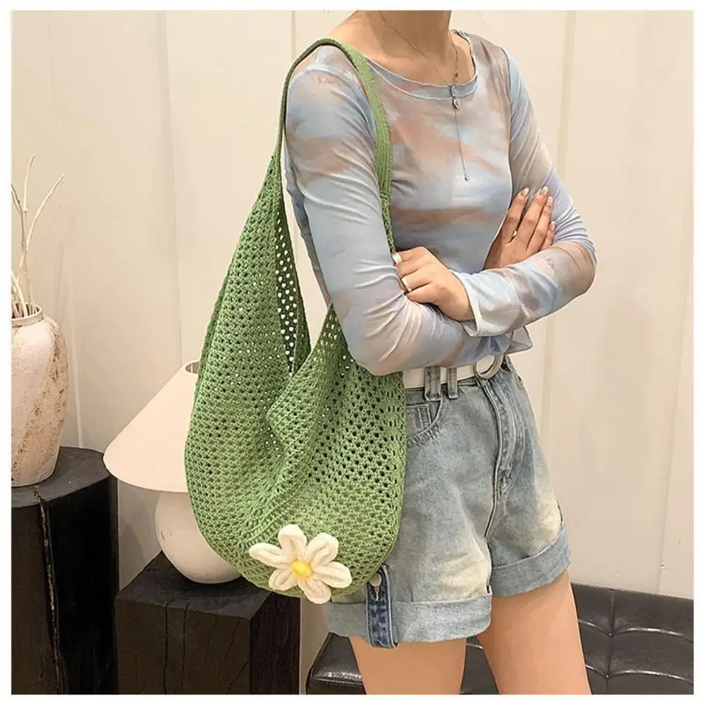 

Casual Handmade Crochet Underarm Bag Hollow Out Large Capacity Mesh Tote Knitting Weaving Beach Bag for Shopping