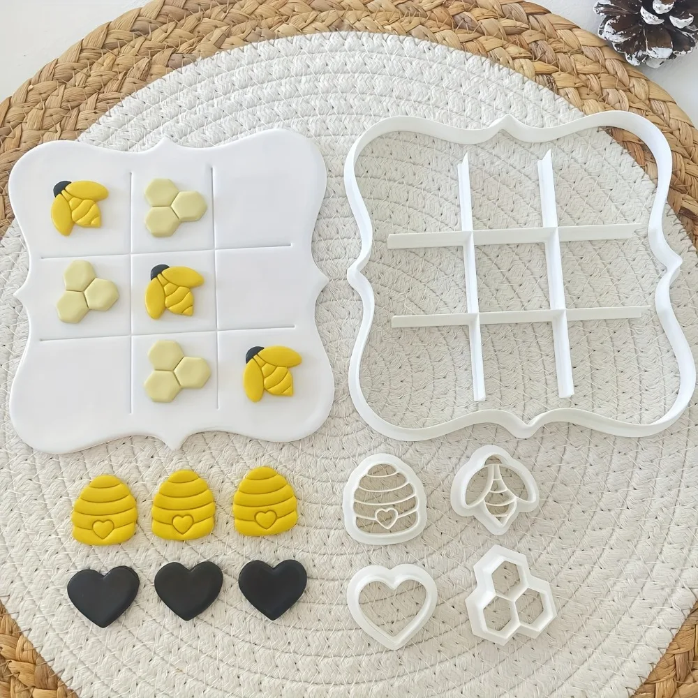 6Pcs Bee & Honeycomb Cookie Cutter Set Tic-Tac-Toe Board Mold with Bee Hive & Heart Shapes for Baking, Parties & Kids Activities