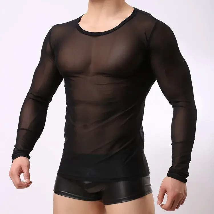 

Mens Undershirt Gay Clothing Nylon Mesh Shirt See Through Sheer Long Sleeves T Shirts Sexy Transparent Shirt Underwear 2025 New
