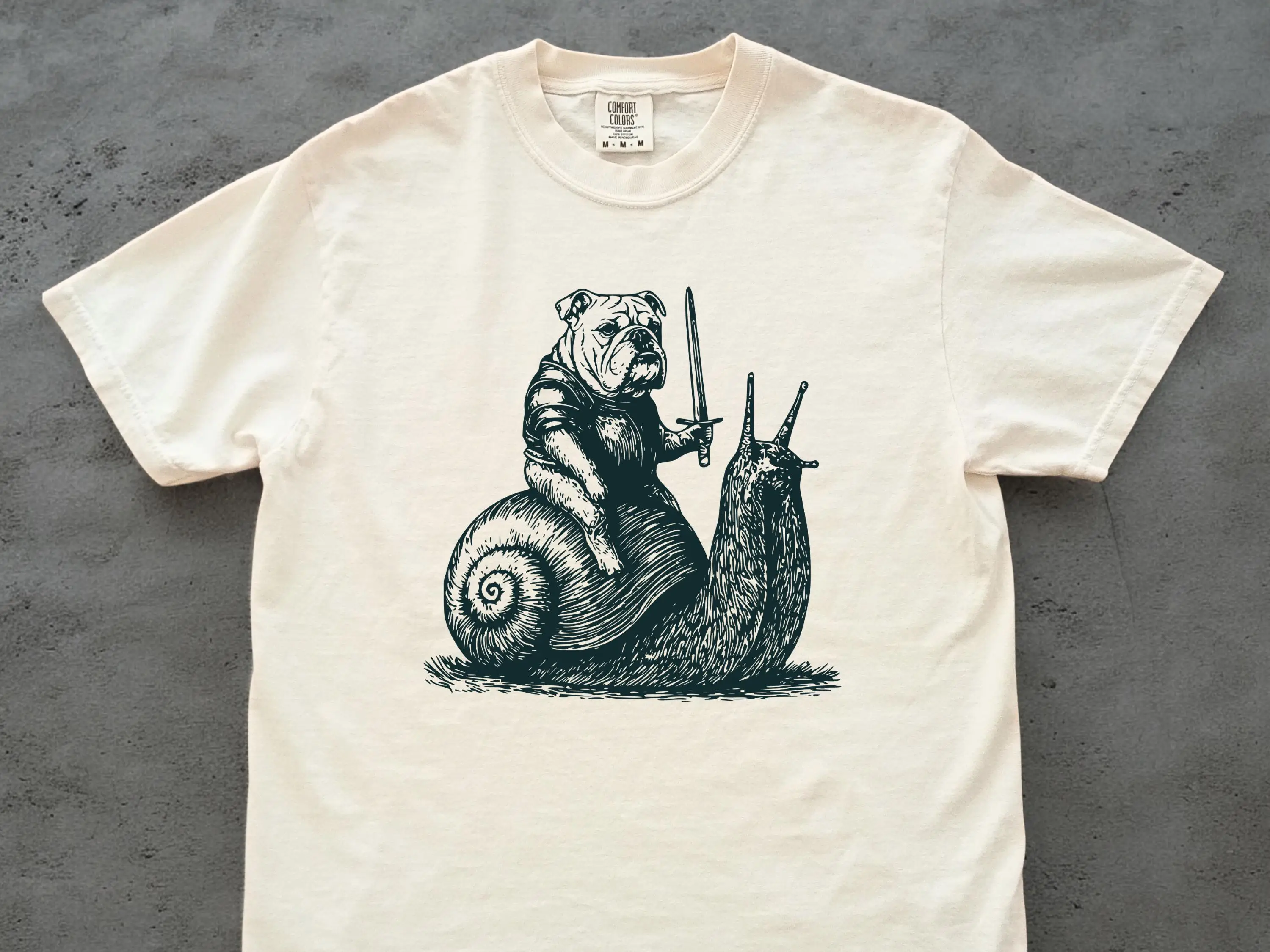 Vintage Engraved Bulldog Knight Riding Snail Sword Print T-Shirt Funny Weird Art Unisex  Streetwear Top